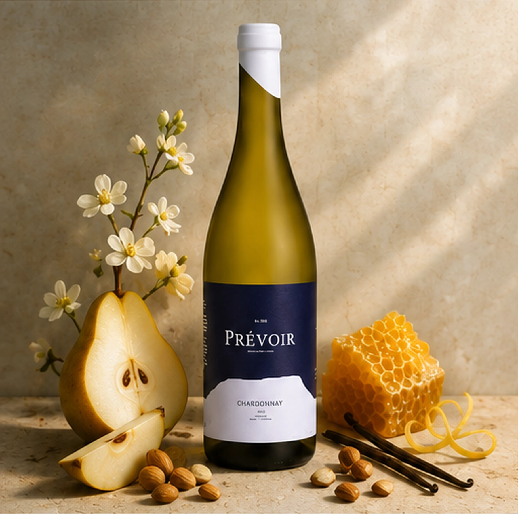 Prévoir Chardonnay with pear, blossoms, honeycomb, almonds and vanilla